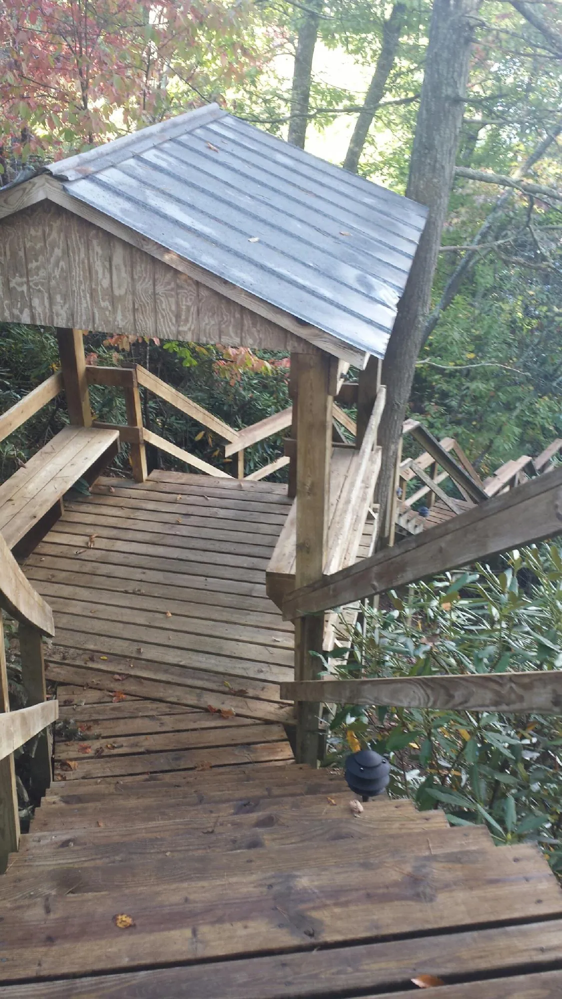Metal roofed shelter over wooden steps on a wooded walkway — Skylight Repair & Installation work by our crew in Summerfield